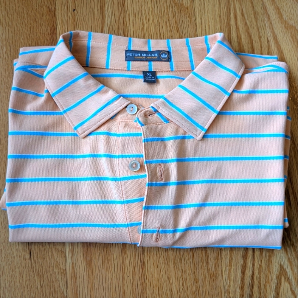 Peter Millar Shirt Mens XL  Summer Comfort Orange Teal And White Golf Polo